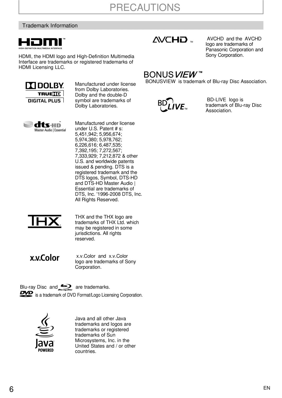 Onkyo BD-SP807 instruction manual Trademark Information 