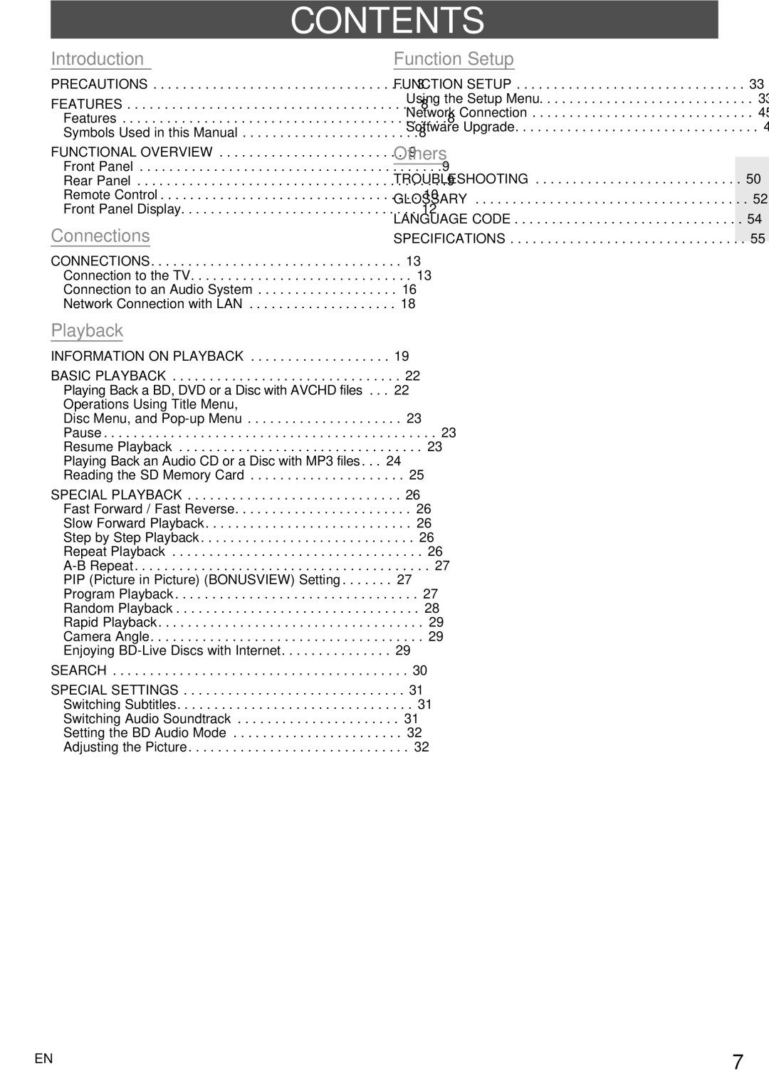 Onkyo BD-SP807 instruction manual Contents 