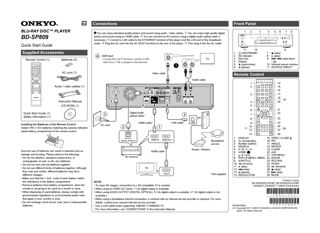 Onkyo BD-SP809 quick start Connections, Front Panel Supplied Accessories, Remote Control, Í/ Æ 