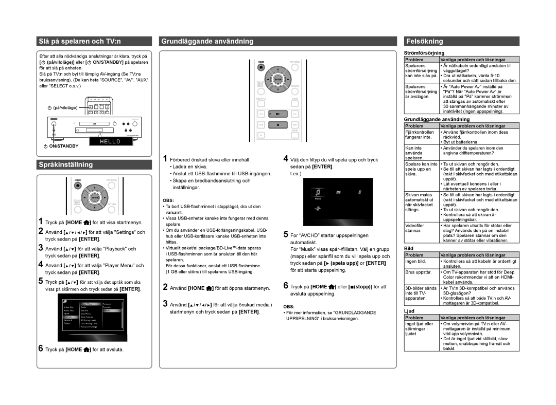 Onkyo BD-SP809 Slå på spelaren och TVn Grundläggande användning Felsökning, Språkinställning, Strömförsörjning, Ljud 