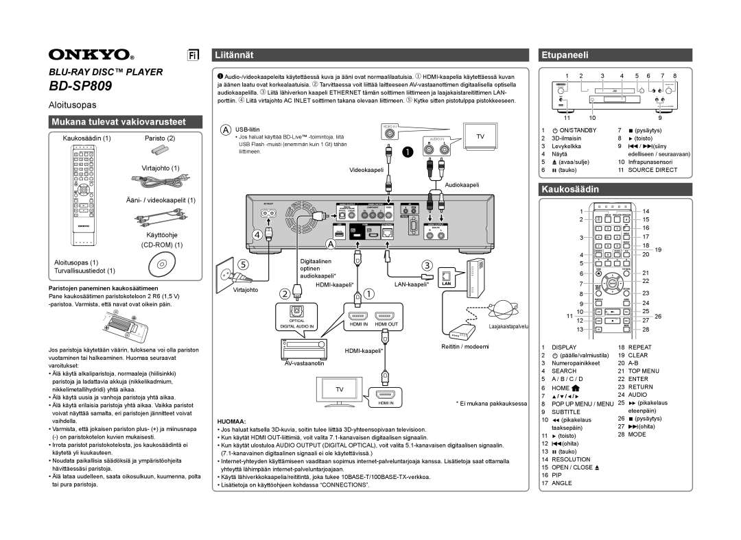 Onkyo BD-SP809 Liitännät Etupaneeli, Mukana tulevat vakiovarusteet, Kaukosäädin, Paristojen paneminen kaukosäätimeen 