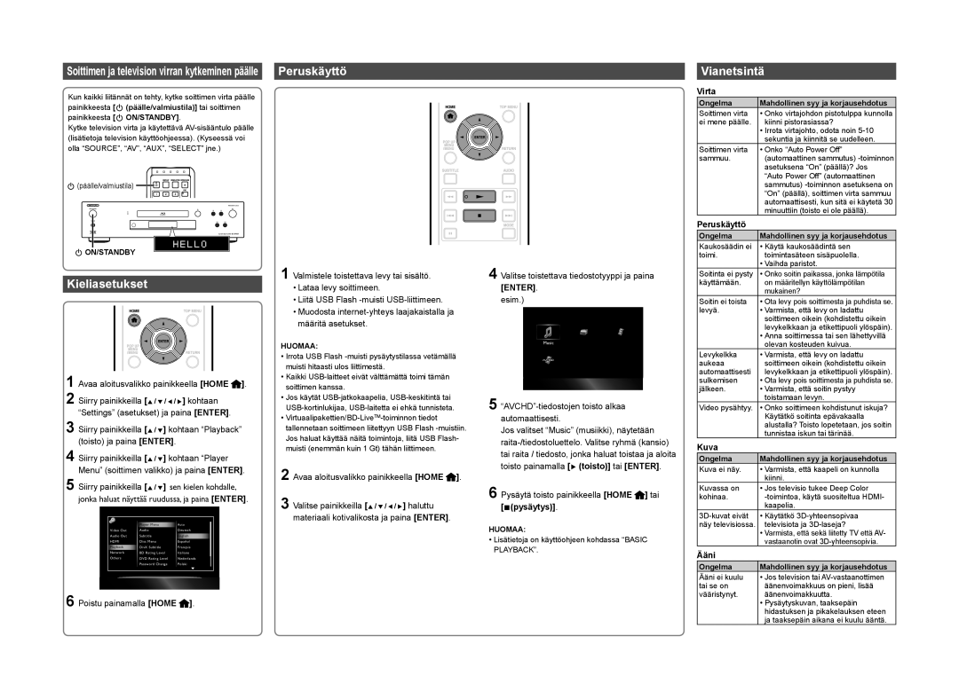 Onkyo BD-SP809 quick start Peruskäyttö, Vianetsintä, Kieliasetukset 