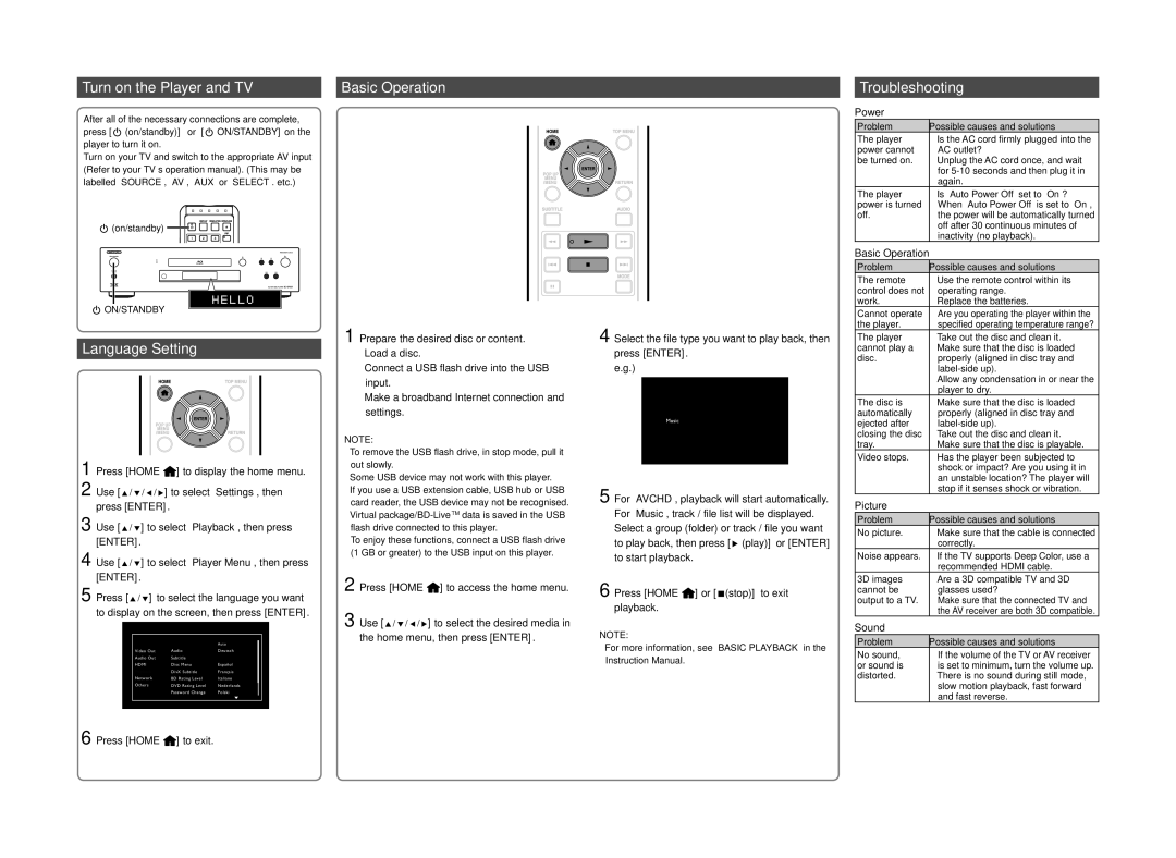 Onkyo BD-SP809 quick start Turn on the Player and TV, Language Setting, Basic Operation, Troubleshooting 