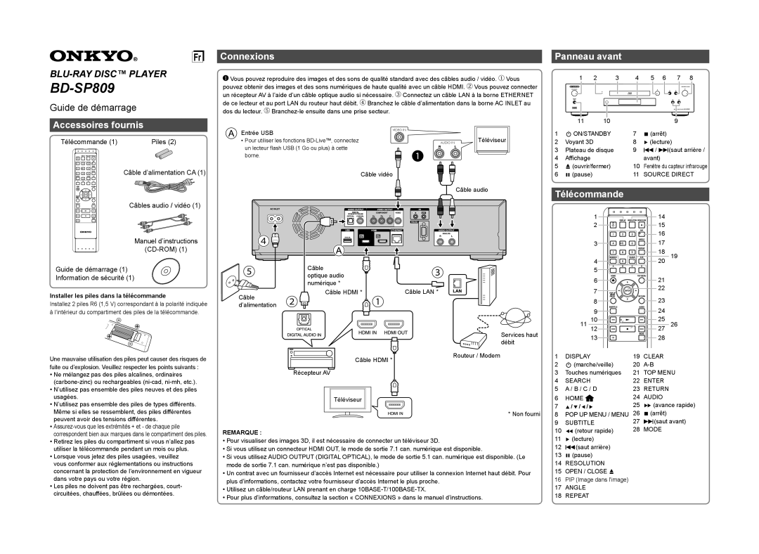 Onkyo BD-SP809 quick start Accessoires fournis, Connexions, Panneau avant, Télécommande, Remarque 