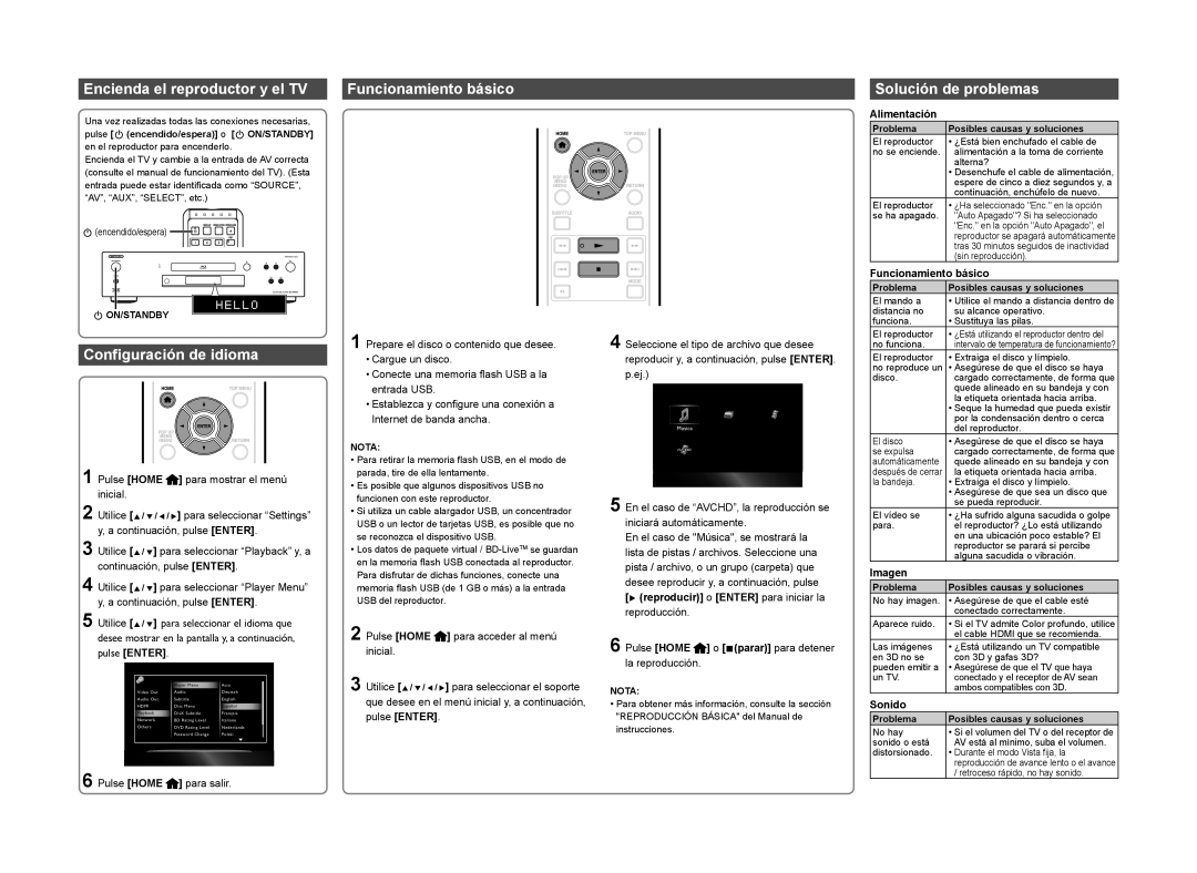 Onkyo BD-SP809 Encienda el reproductor y el TV, Configuración de idioma, Funcionamiento básico, Solución de problemas 