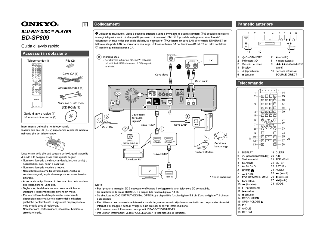 Onkyo BD-SP809 quick start Accessori in dotazione, Collegamenti, Pannello anteriore, Telecomando 