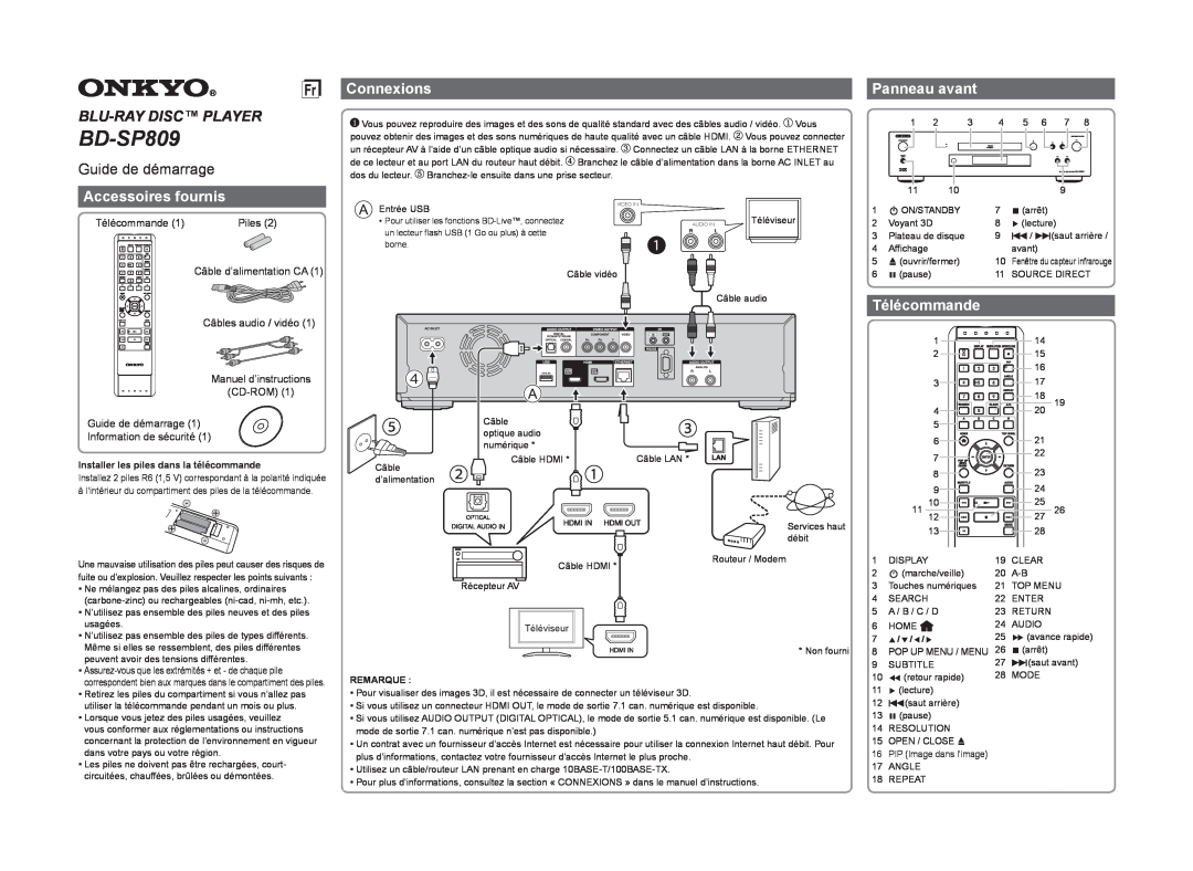 Onkyo BD-SP809 Guide de démarrage, Accessoires fournis, Connexions, Panneau avant, Télécommande, Blu-Raydisc Player 