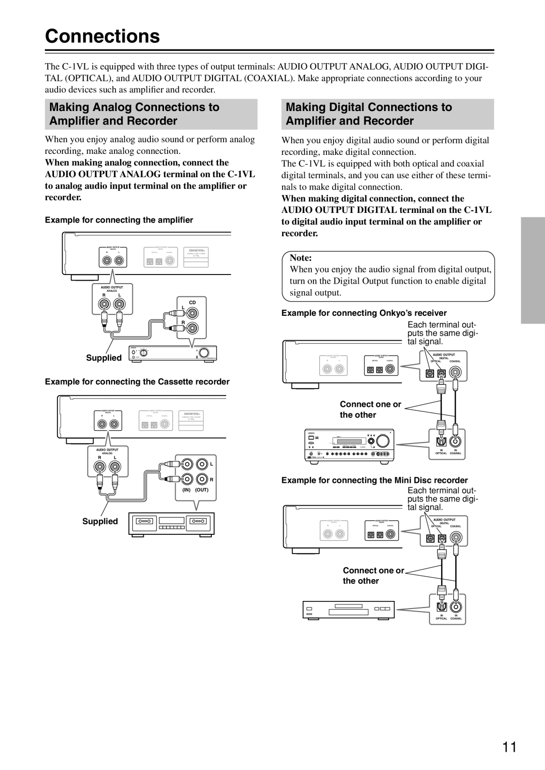 Onkyo C-1VL Making Analog Connections to Ampliﬁer and Recorder, Making Digital Connections to Ampliﬁer and Recorder 