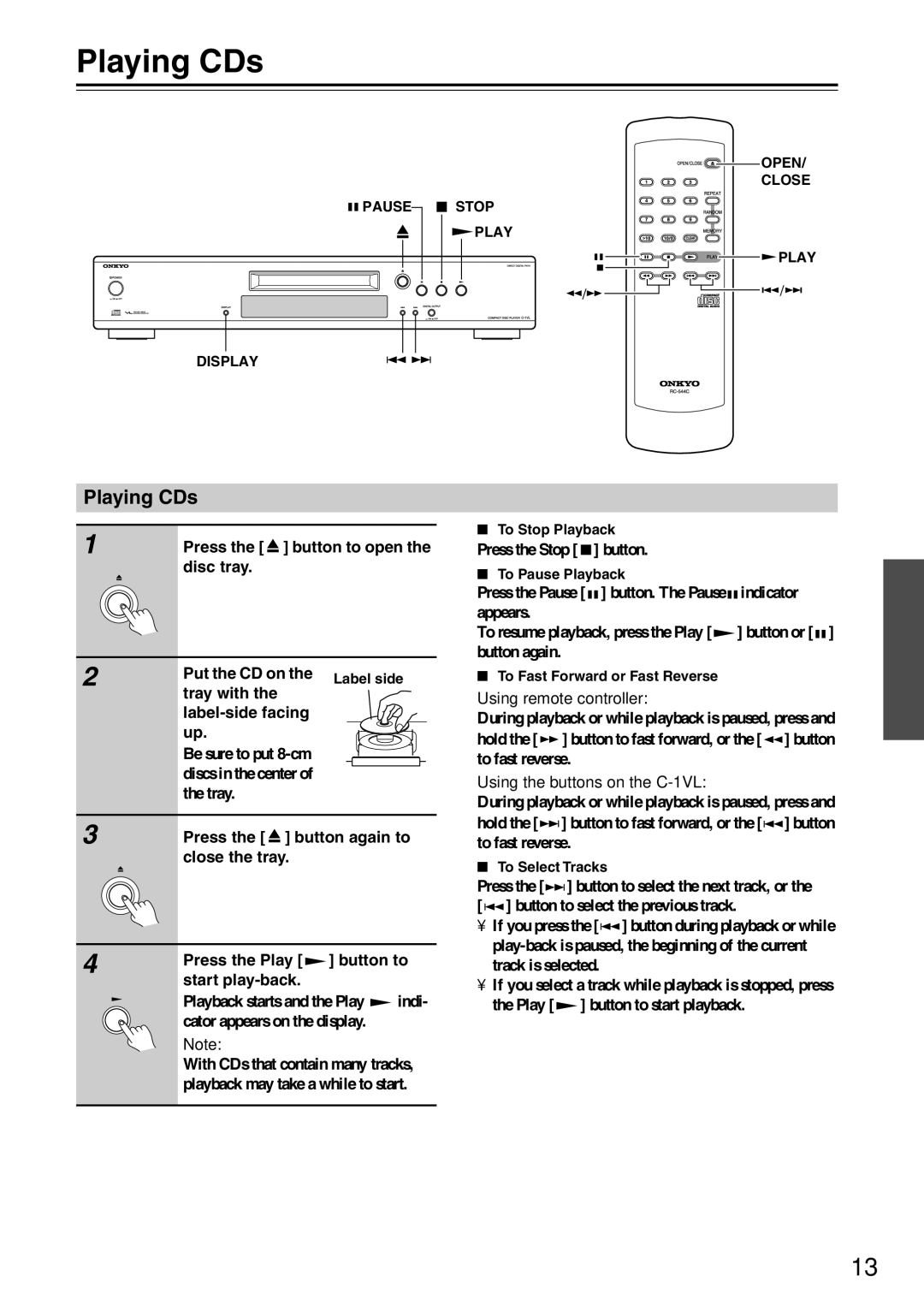 Onkyo C-1VL instruction manual Playing CDs 