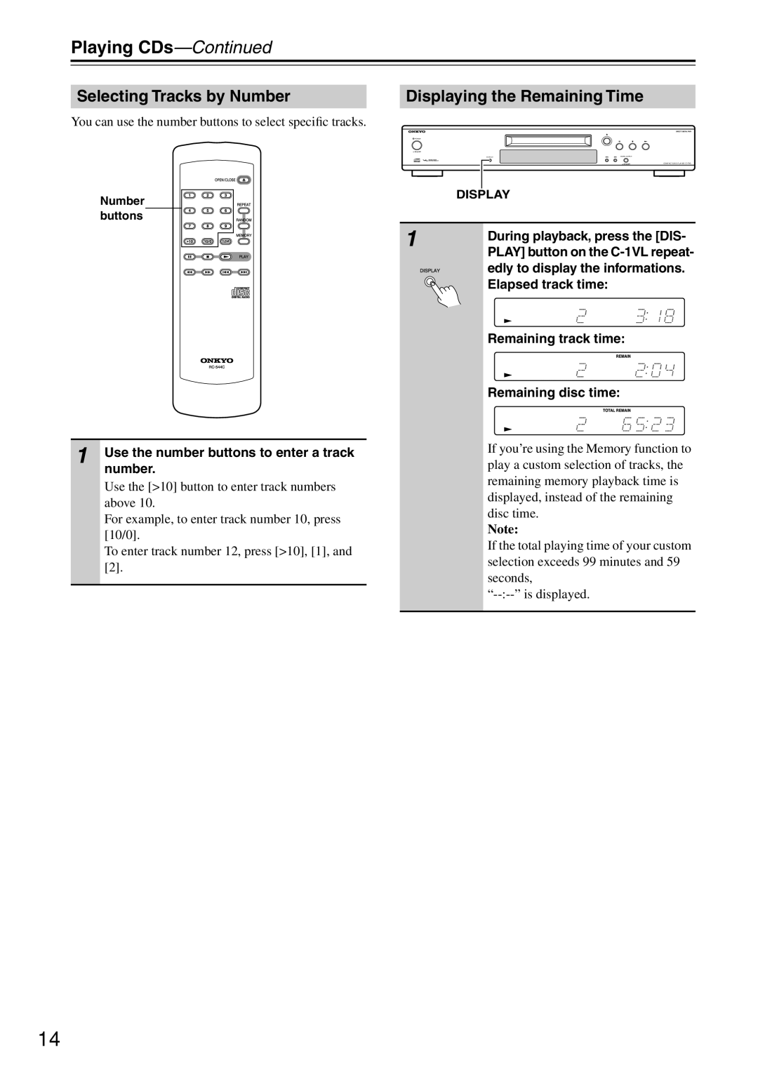 Onkyo C-1VL instruction manual Playing CDs, Selecting Tracks by Number, Displaying the Remaining Time 