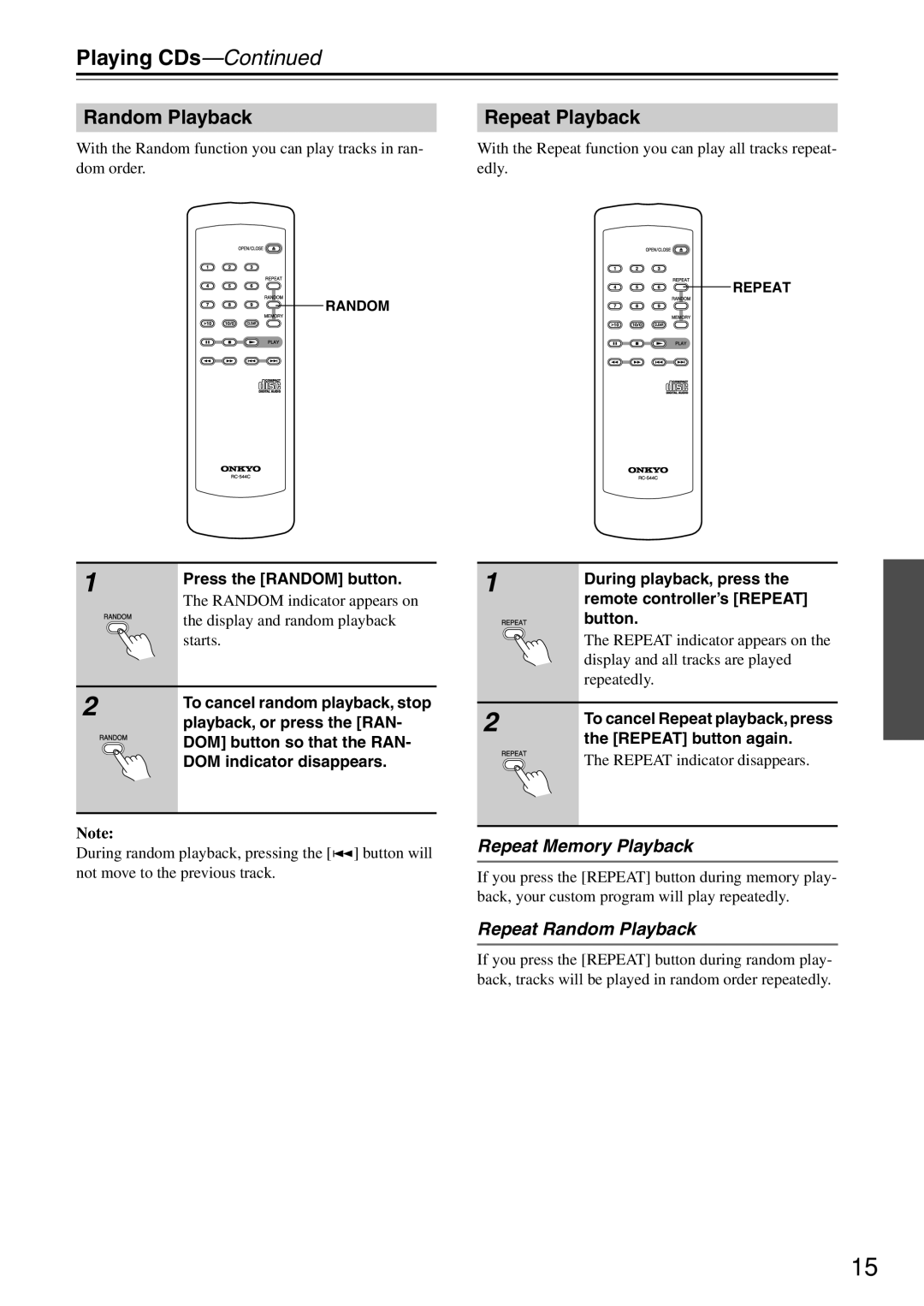 Onkyo C-1VL instruction manual Random Playback Repeat Playback 