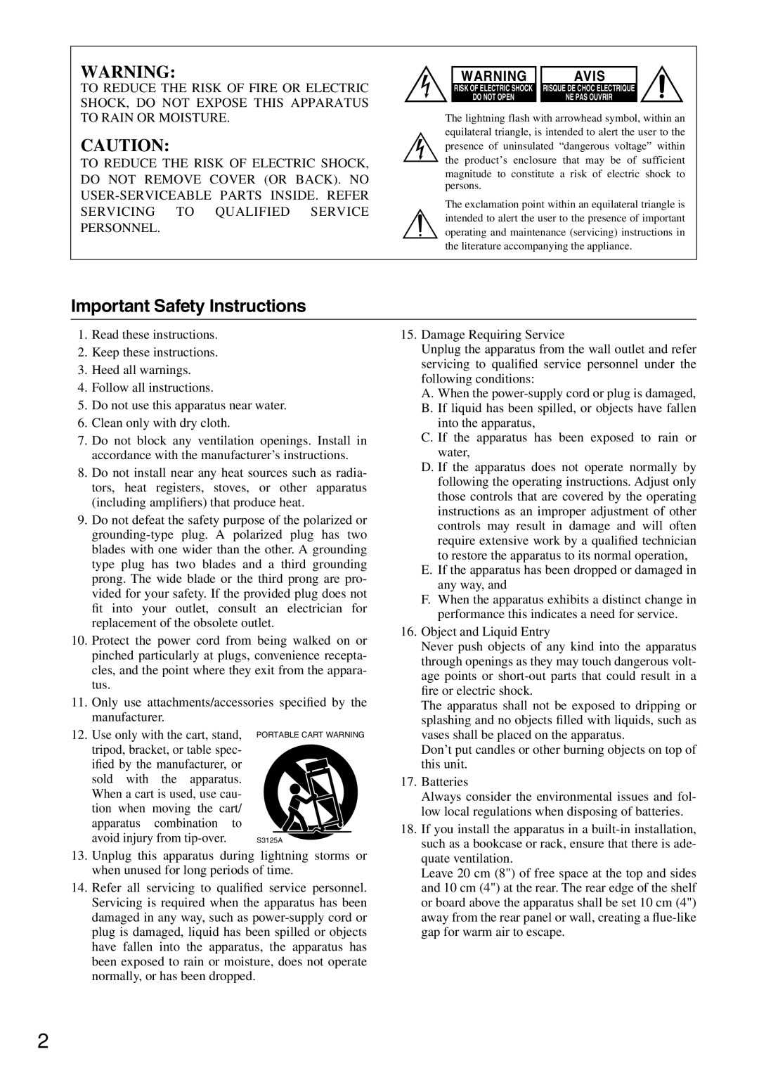 Onkyo C-1VL instruction manual Important Safety Instructions, Avis 