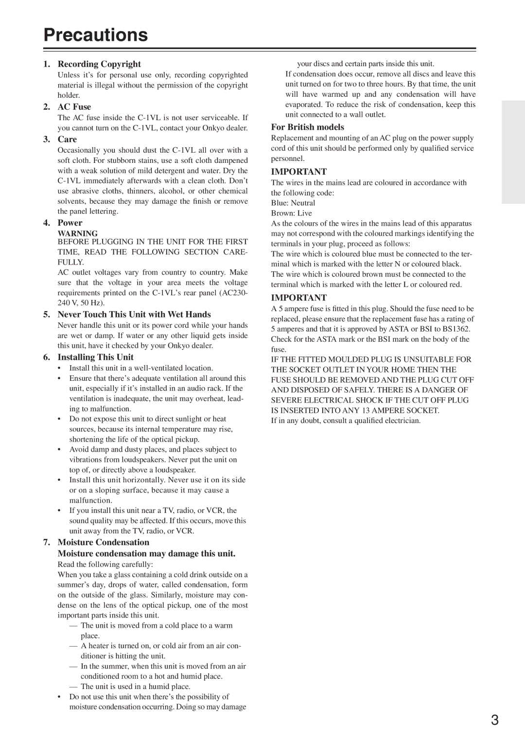 Onkyo C-1VL instruction manual Precautions 