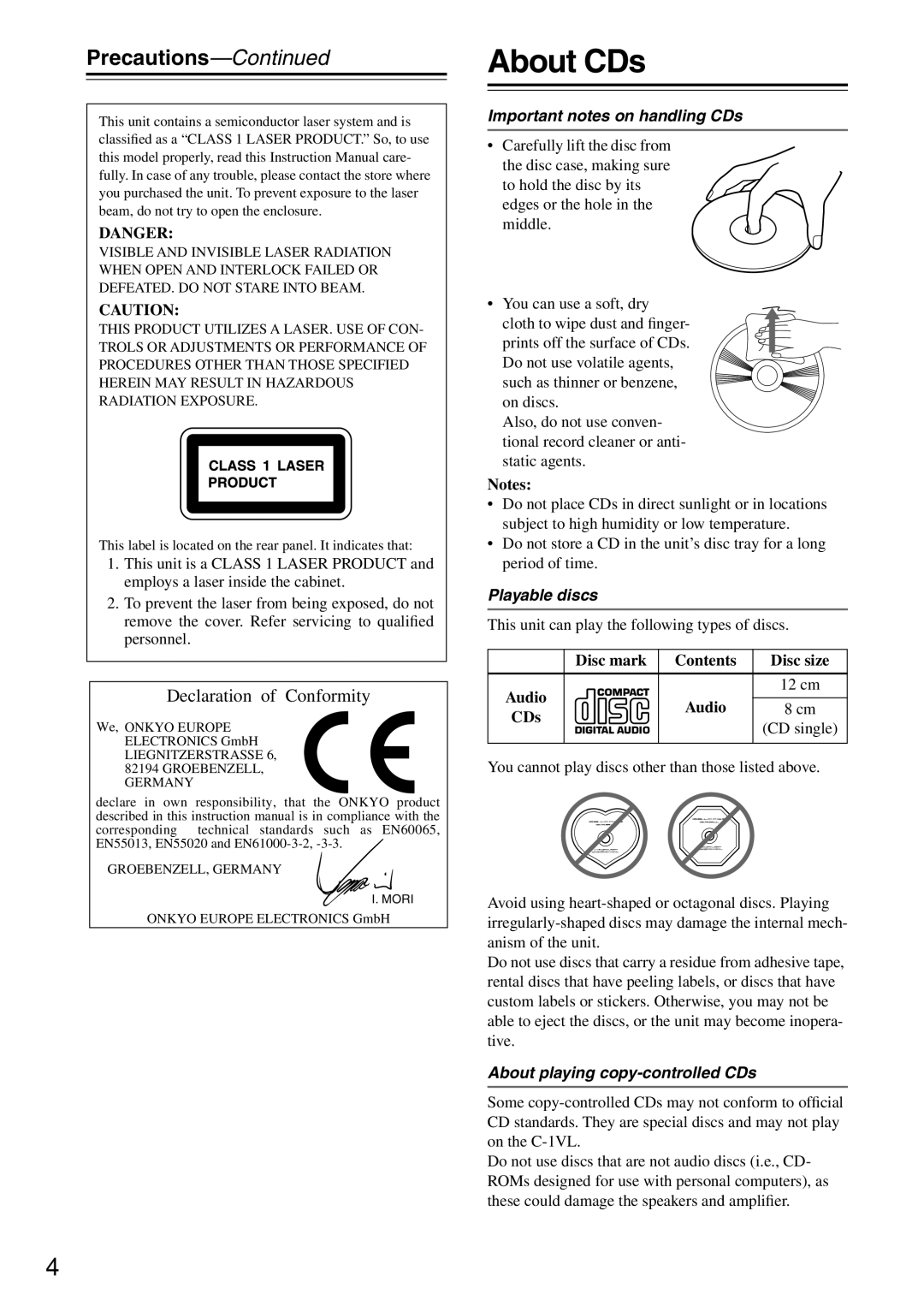 Onkyo C-1VL instruction manual About CDs, Precautions, Disc mark Contents Disc size Audio 12 cm, CD single 