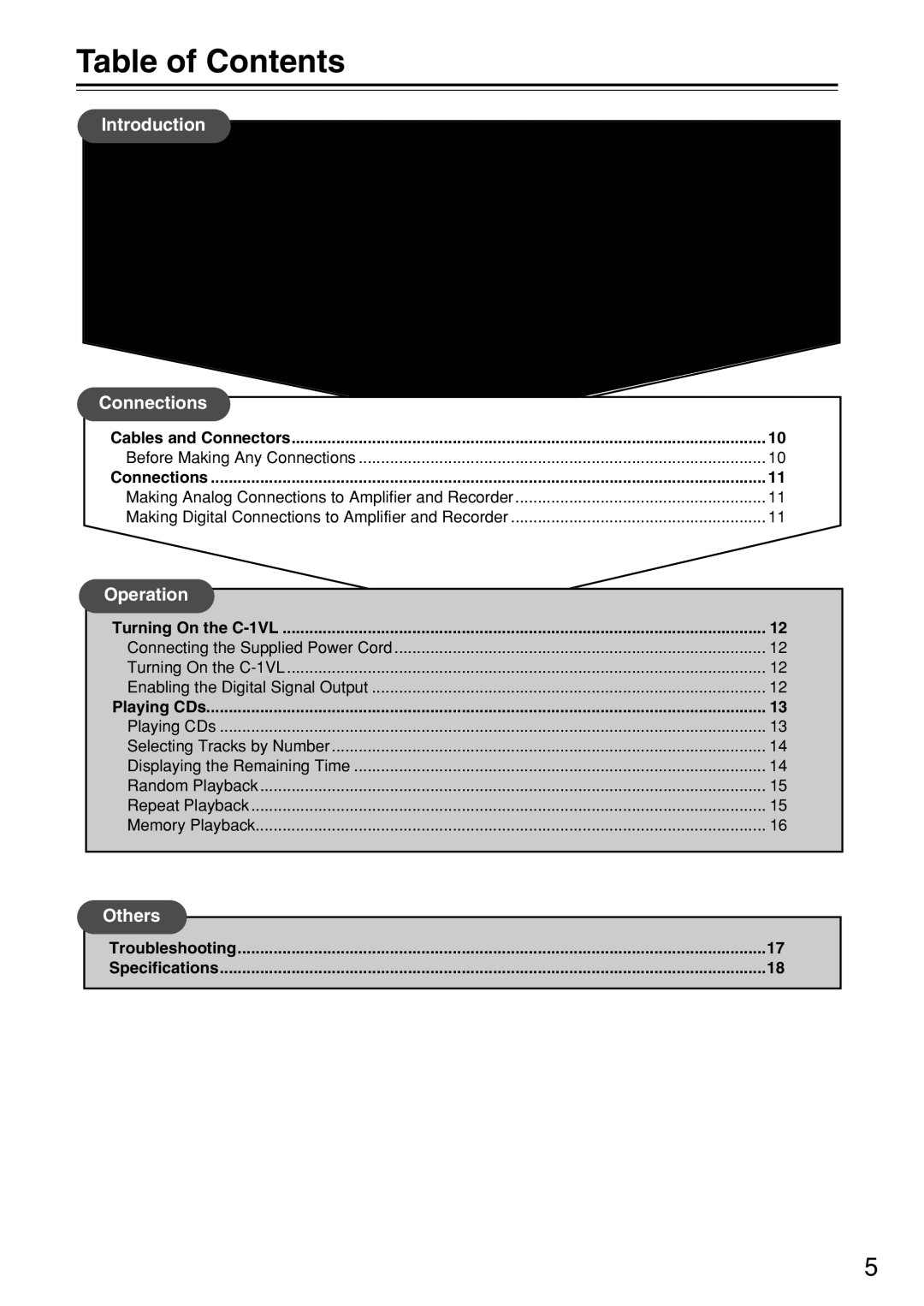 Onkyo C-1VL instruction manual Table of Contents 