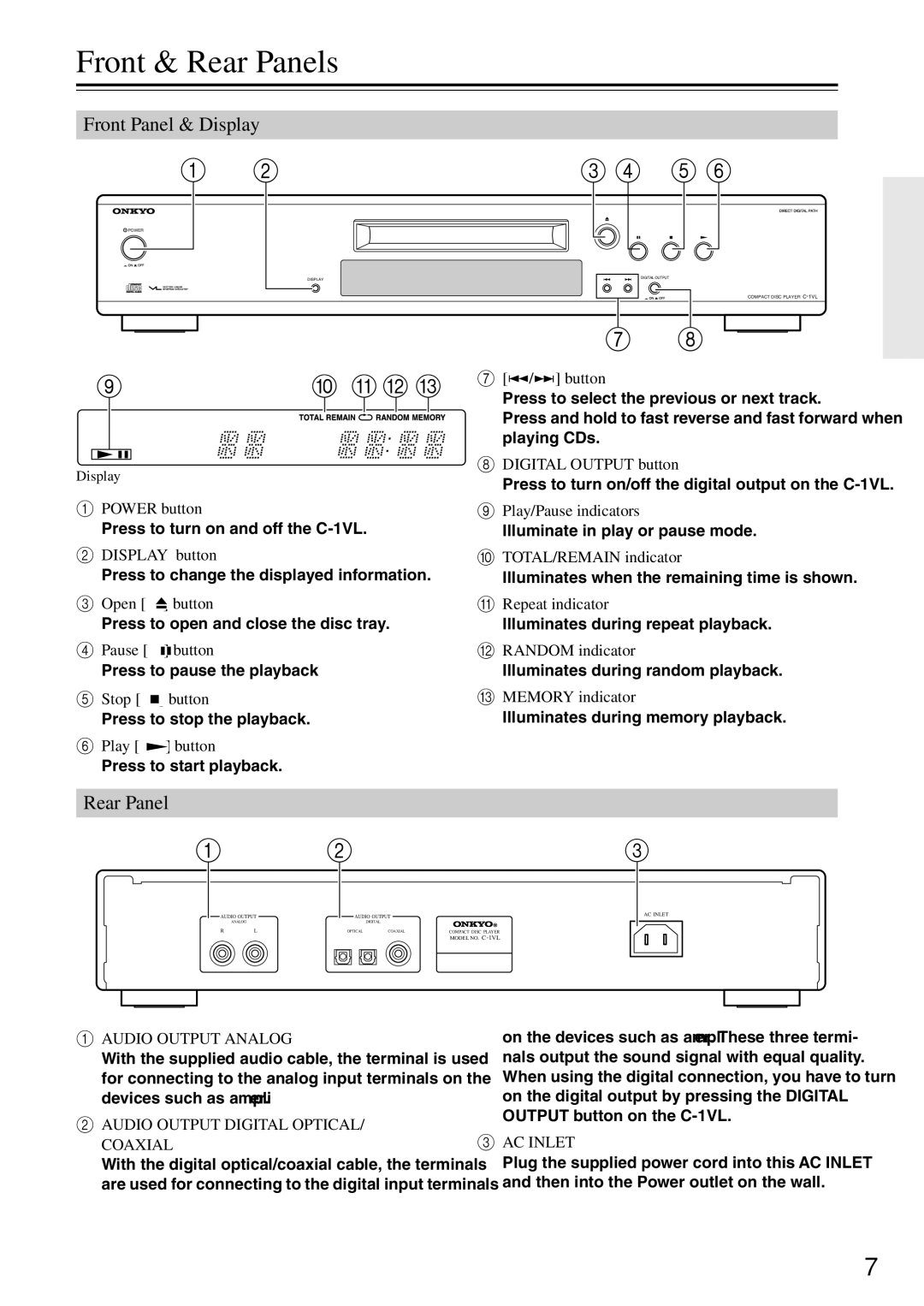 Onkyo C-1VL instruction manual Front & Rear Panels, Front Panel & Display 