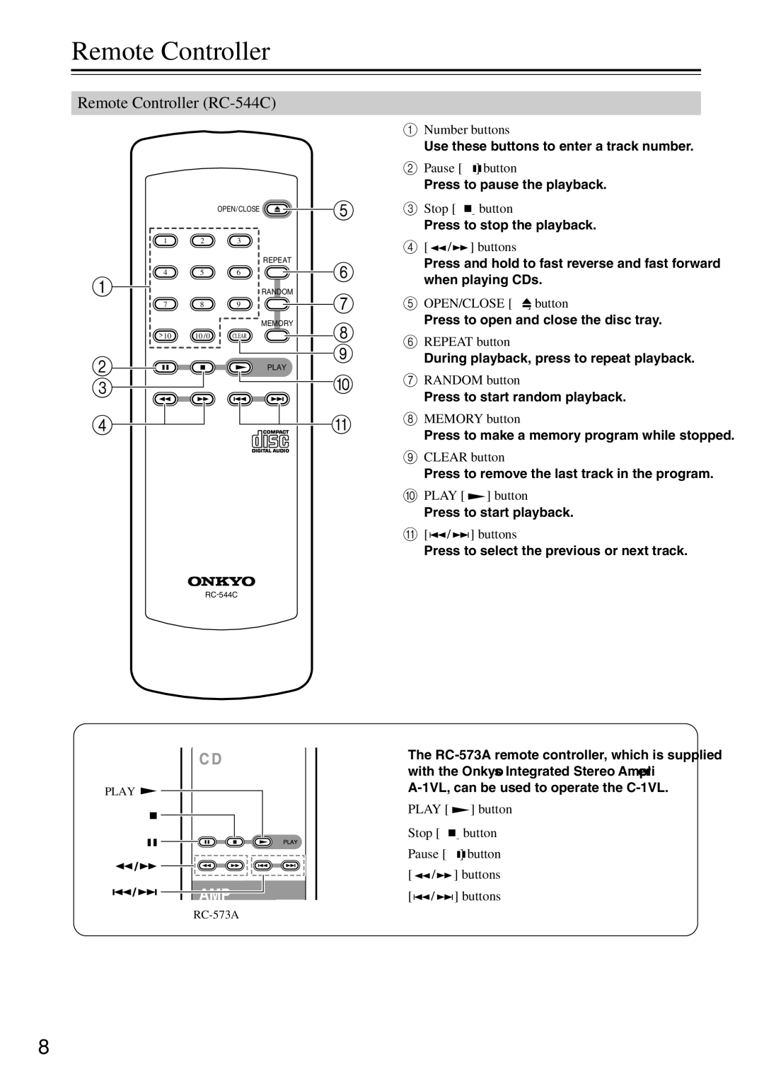 Onkyo C-1VL instruction manual Remote Controller RC-544C 