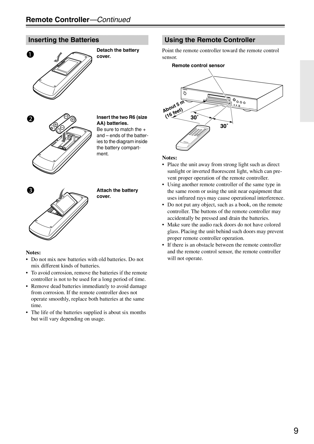 Onkyo C-1VL instruction manual Inserting the Batteries, Using the Remote Controller 