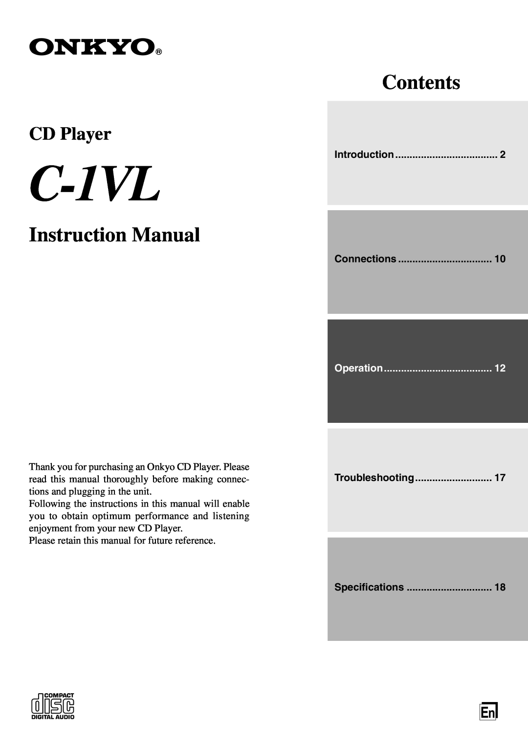 Onkyo C-1VL instruction manual Contents, CD Player 