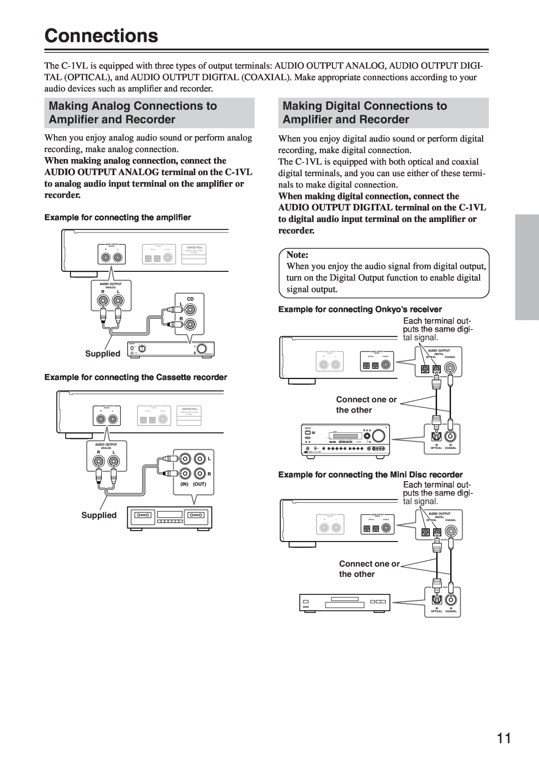 Onkyo C-1VL instruction manual Making Digital Connections to, Ampliﬁer and Recorder 
