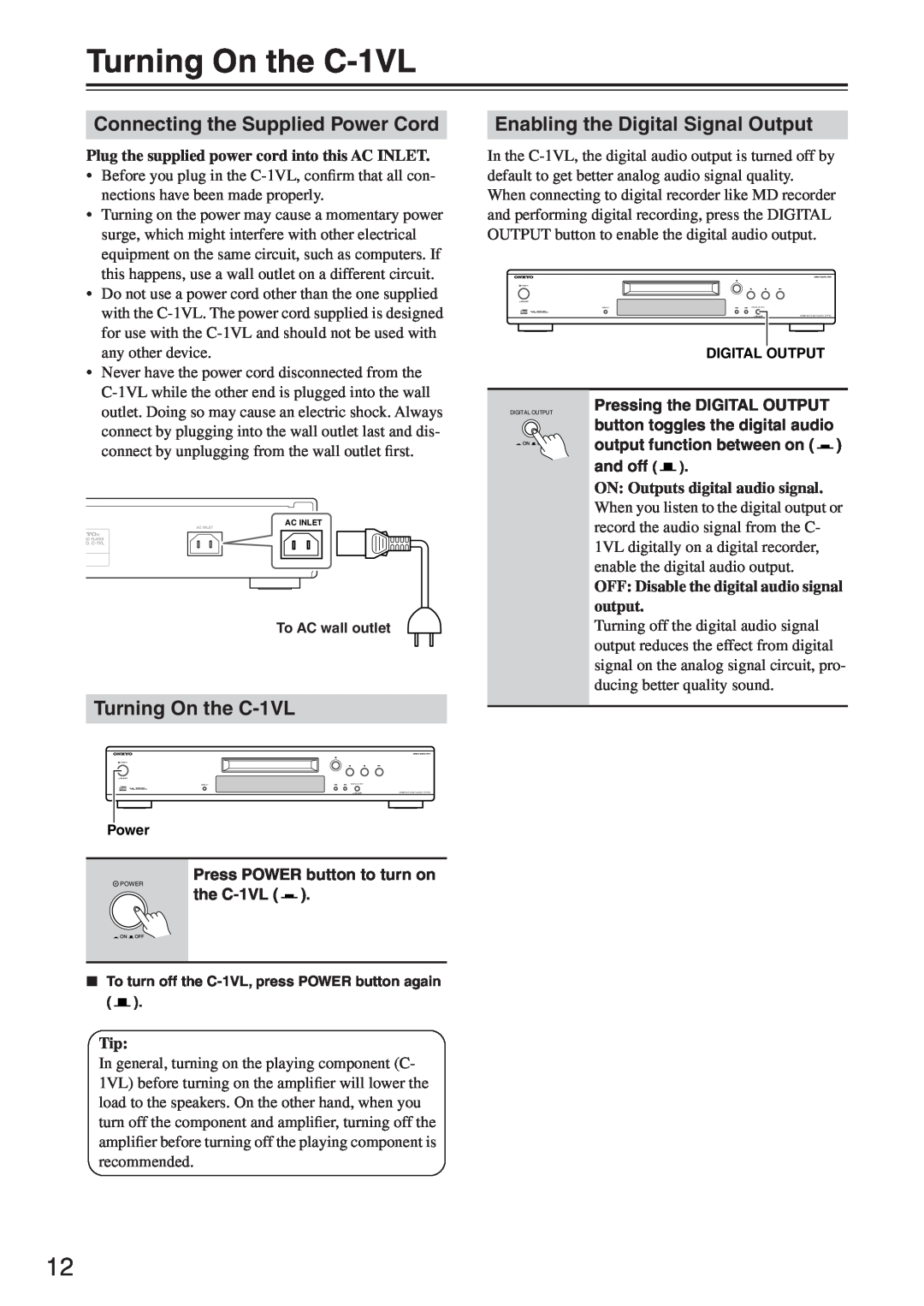 Onkyo instruction manual Turning On the C-1VL, Connecting the Supplied Power Cord, Enabling the Digital Signal Output 