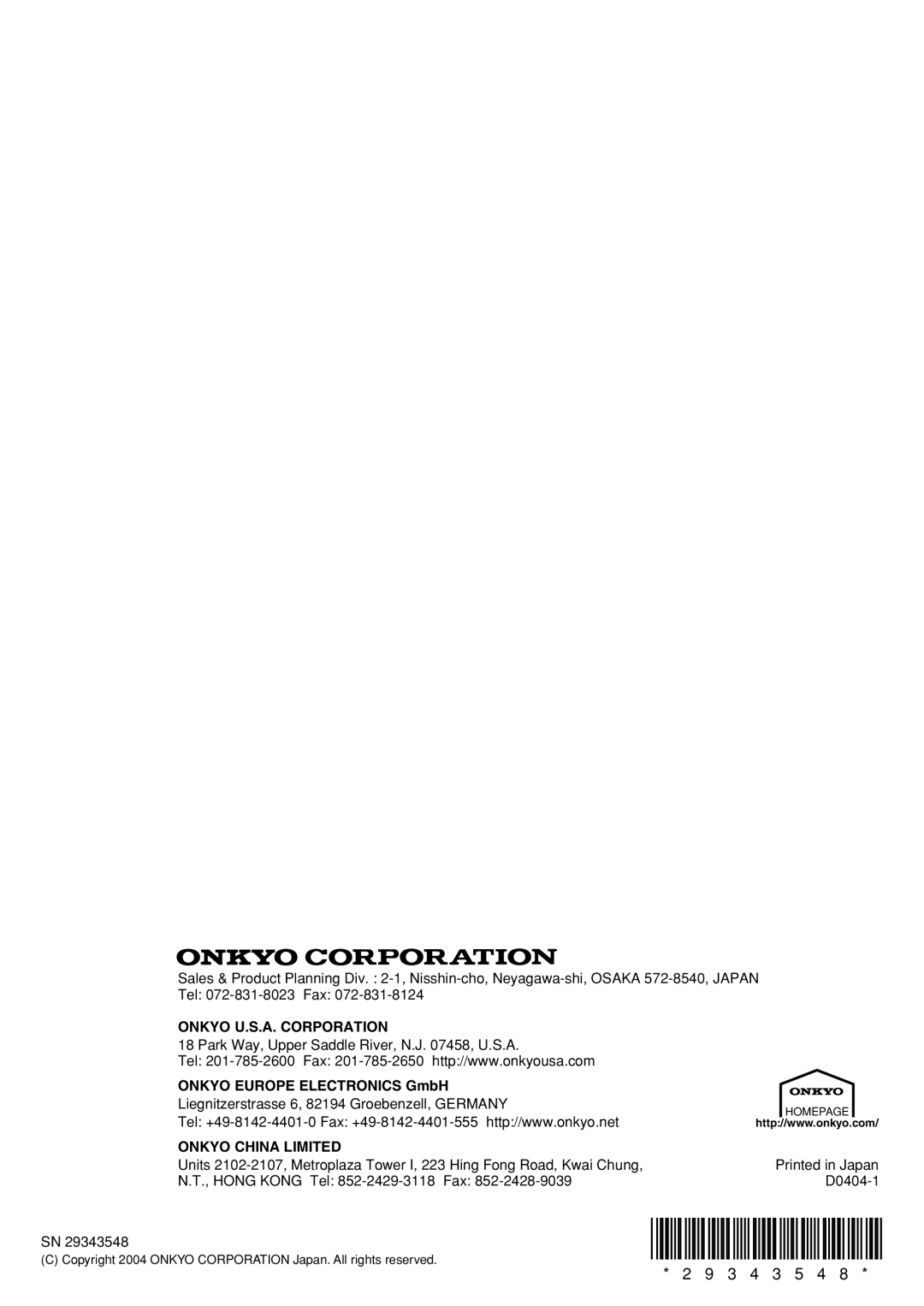 Onkyo C-1VL instruction manual Onkyo U.S.A. Corporation, ONKYO EUROPE ELECTRONICS GmbH, Onkyo China Limited 