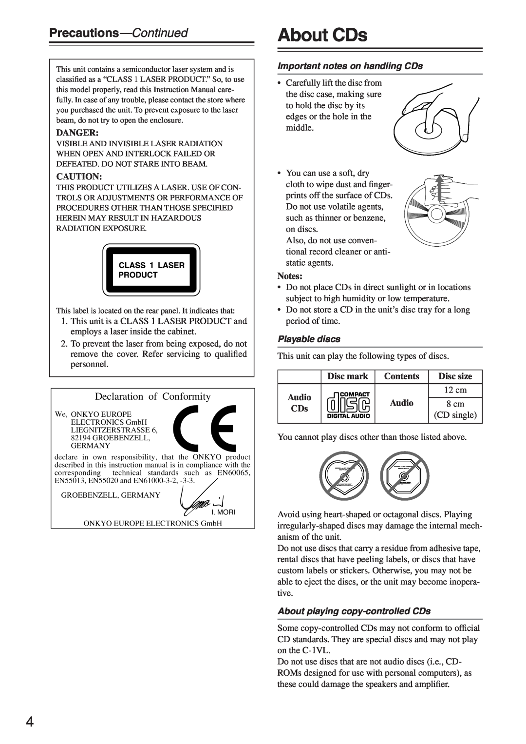 Onkyo C-1VL About CDs, Precautions-Continued, Declaration of Conformity, Danger, Important notes on handling CDs, Contents 