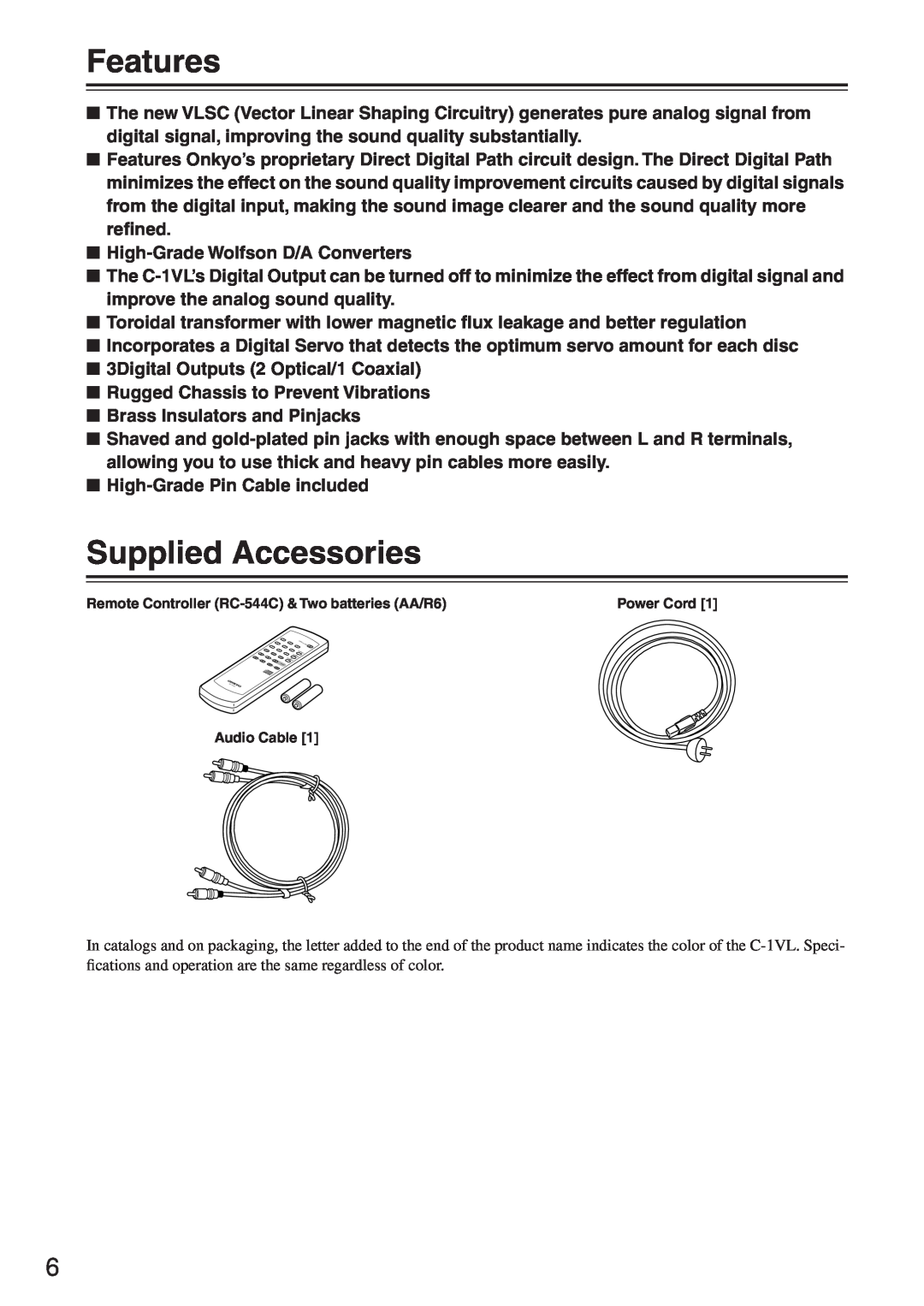 Onkyo C-1VL instruction manual Features, Supplied Accessories 
