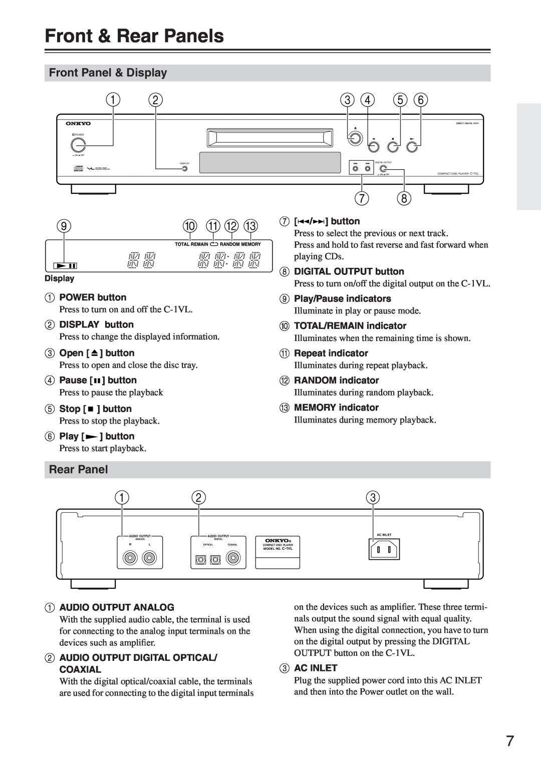 Onkyo C-1VL instruction manual Front & Rear Panels, Front Panel & Display 
