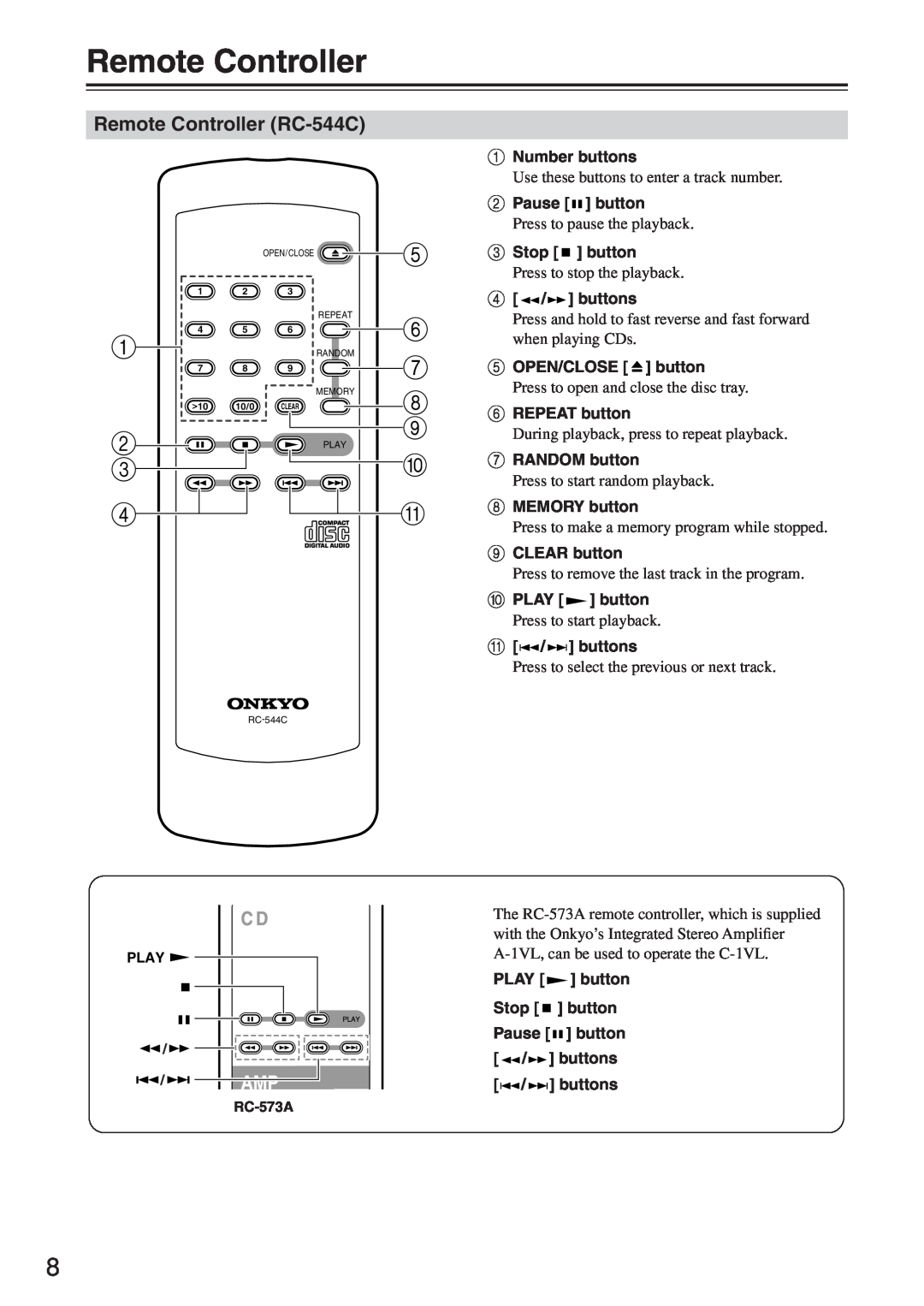 Onkyo C-1VL instruction manual Remote Controller RC-544C 