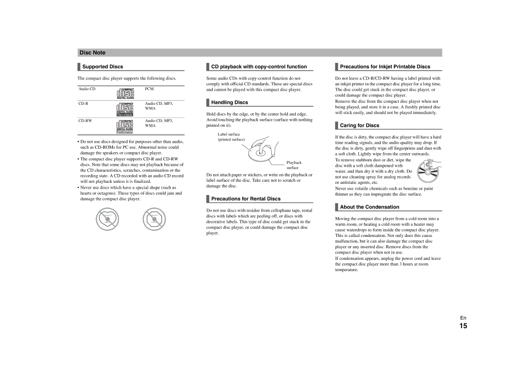 Onkyo C-7000R instruction manual Disc Note 