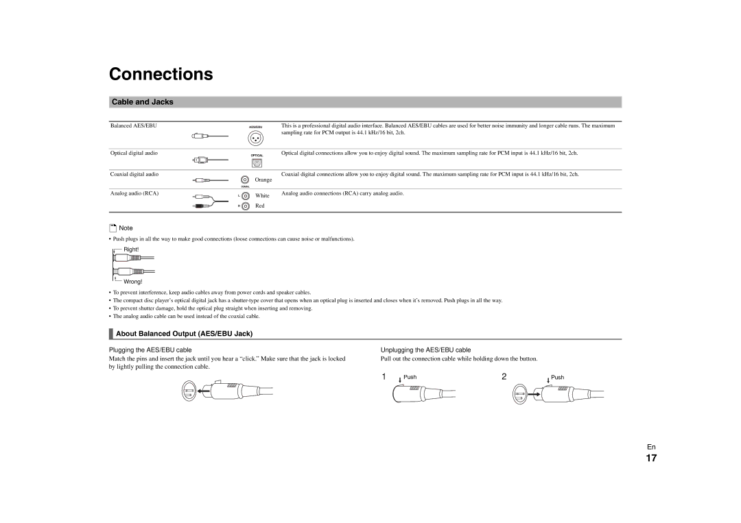 Onkyo C-7000R Connections, Cable and Jacks, About Balanced Output AES/EBU Jack, Plugging the AES/EBU cable 