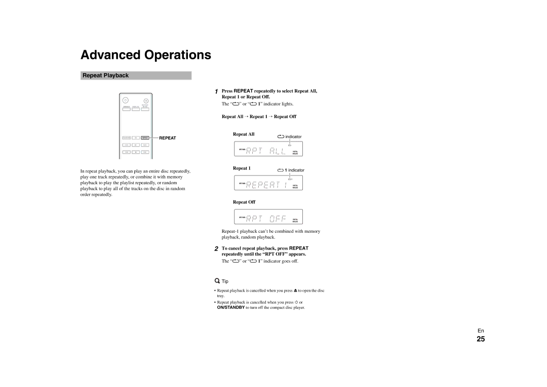 Onkyo C-7000R instruction manual Advanced Operations, Repeat Playback, Repeat All, Repeat Off 