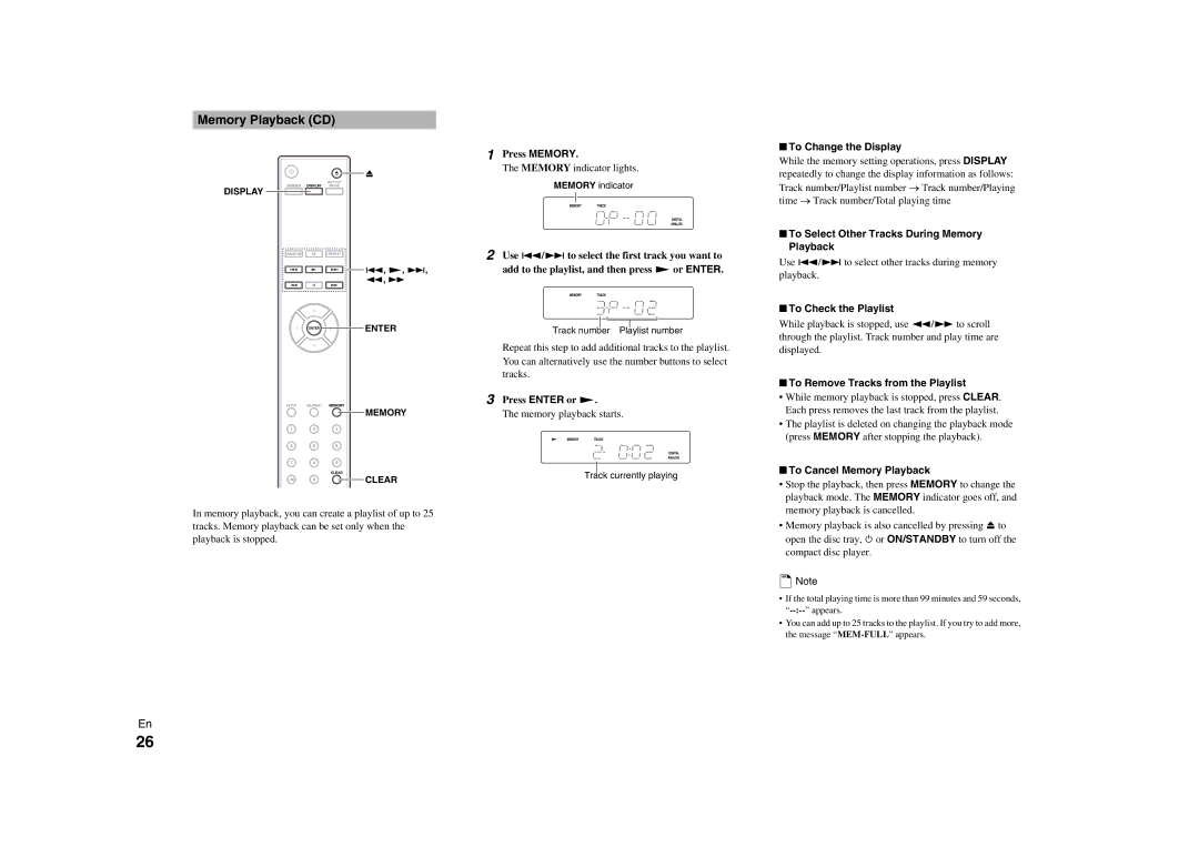 Onkyo C-7000R instruction manual Memory Playback CD 