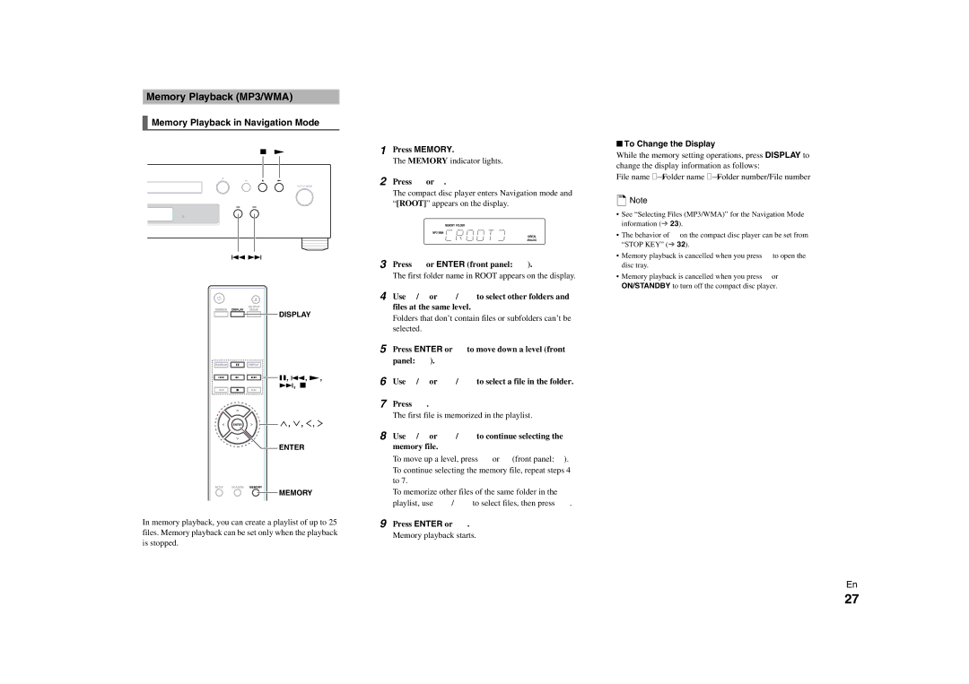 Onkyo C-7000R instruction manual Memory Playback MP3/WMA, Memory Playback in Navigation Mode, Press or 