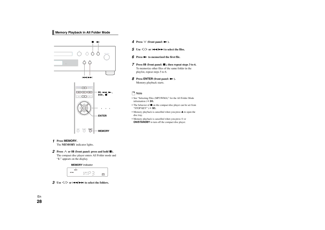 Onkyo C-7000R instruction manual Memory Playback in All Folder Mode 