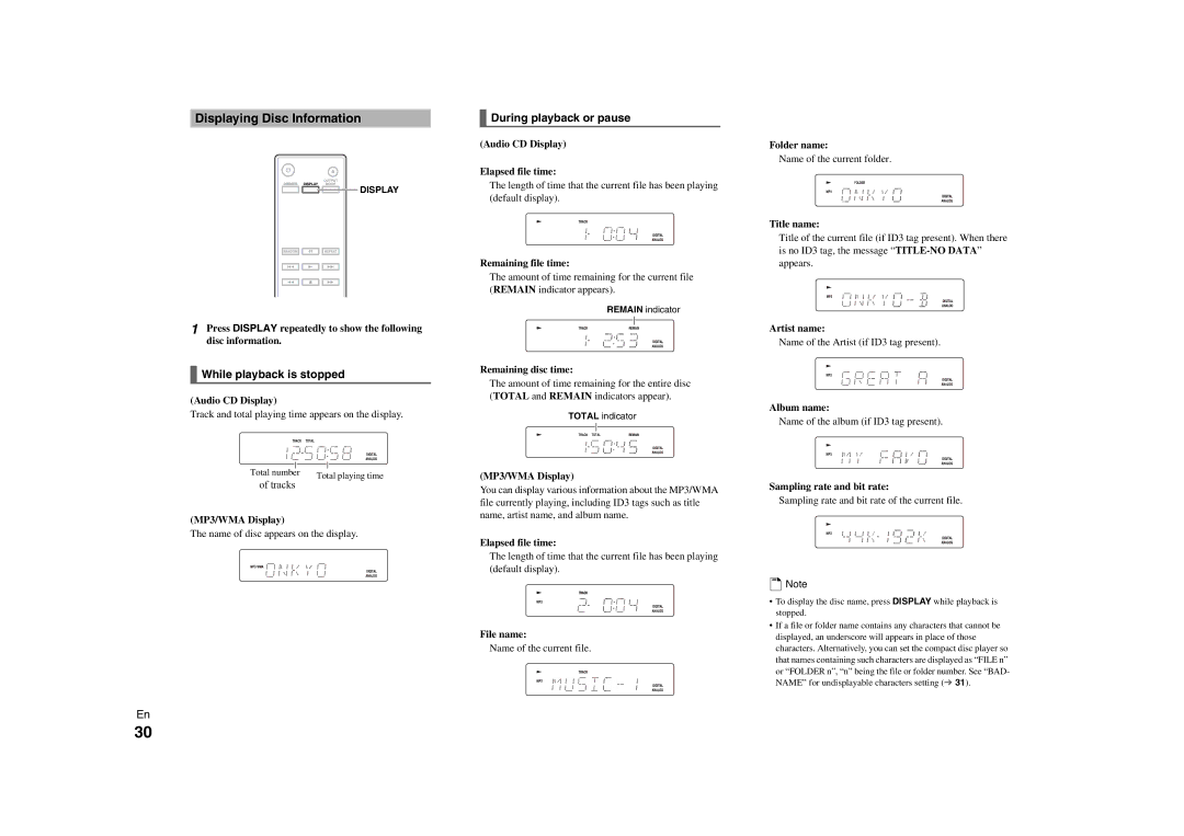 Onkyo C-7000R instruction manual Displaying Disc Information, While playback is stopped, During playback or pause 