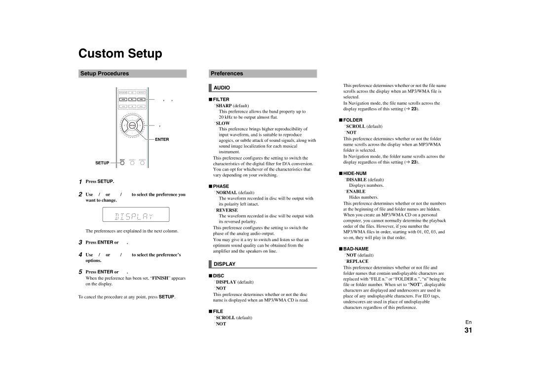 Onkyo C-7000R instruction manual Custom Setup, Setup Procedures, Preferences 