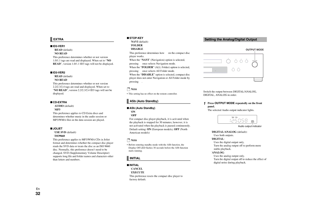 Onkyo C-7000R instruction manual Setting the Analog/Digital Output, ASb Auto Standby, ID3-VER1, ID3-VER2 