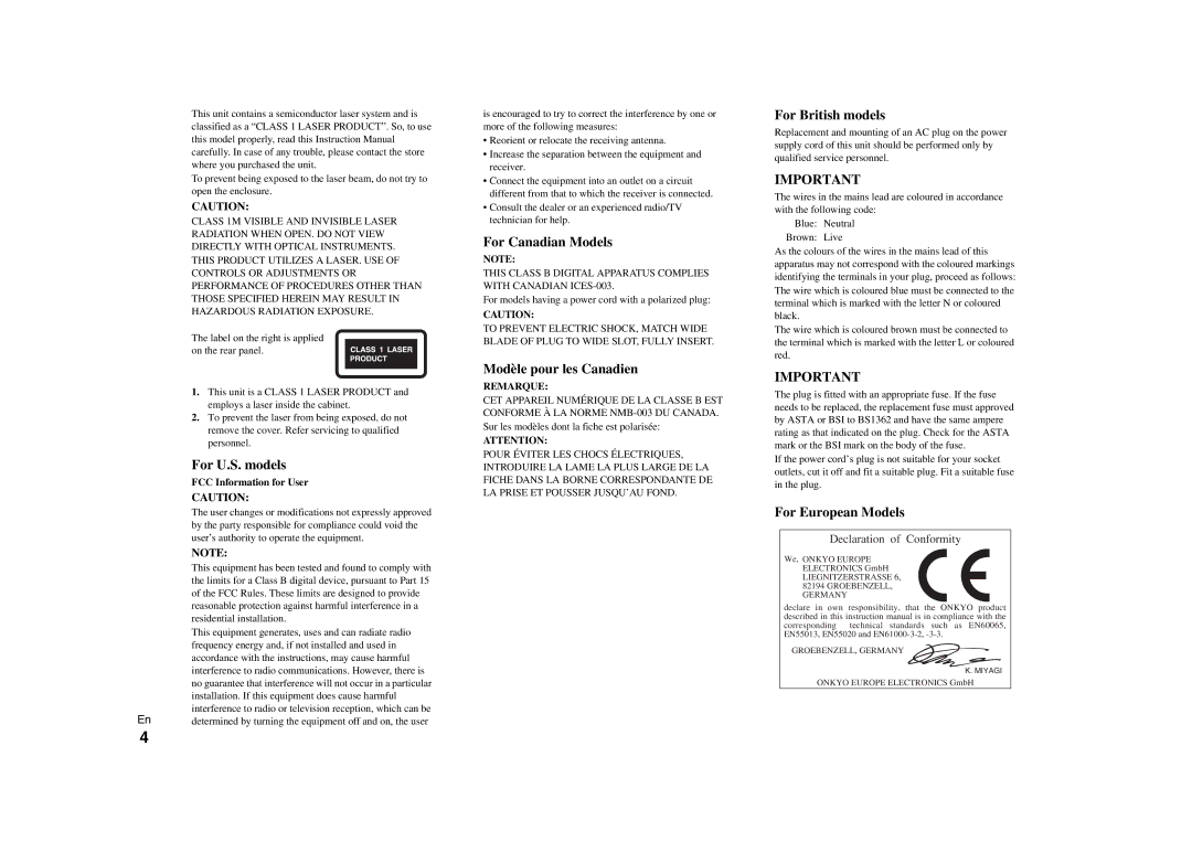 Onkyo C-7000R instruction manual For U.S. models, FCC Information for User 