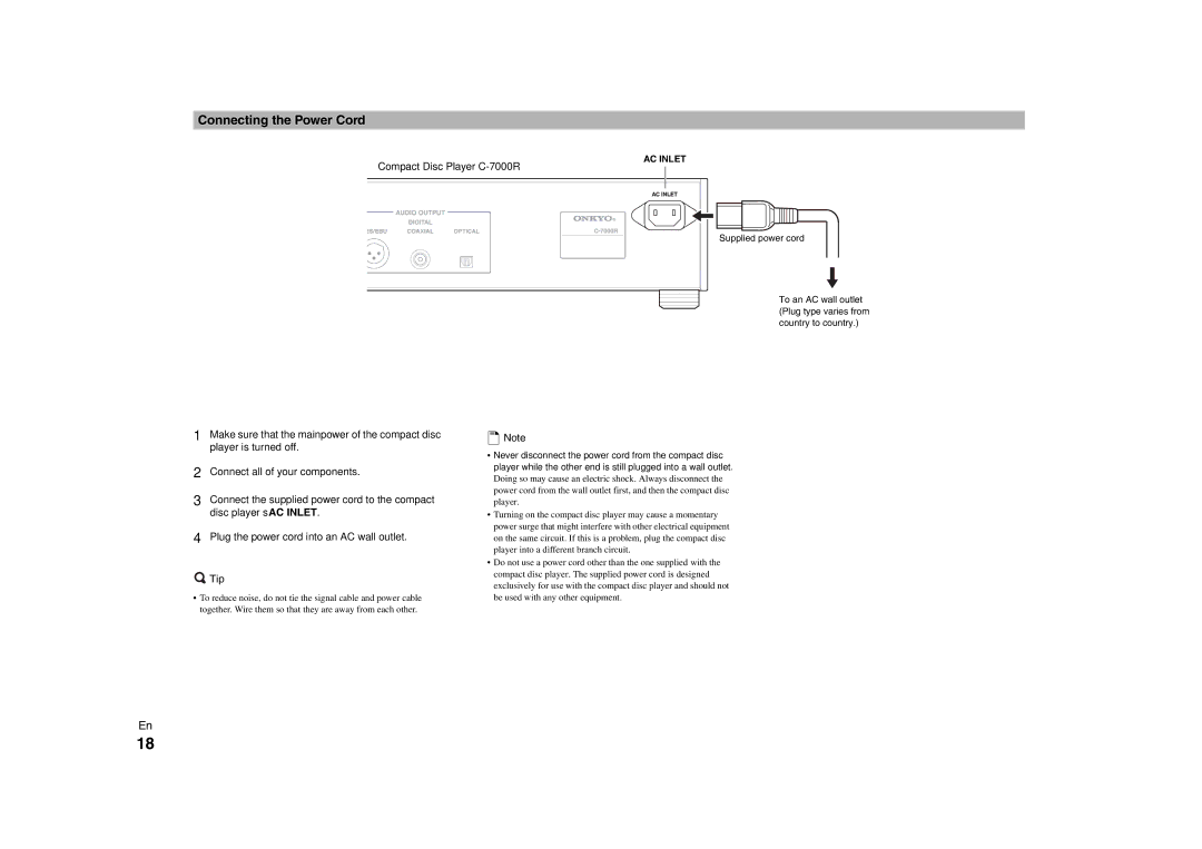 Onkyo instruction manual Connecting the Power Cord, Compact Disc Player C-7000R 