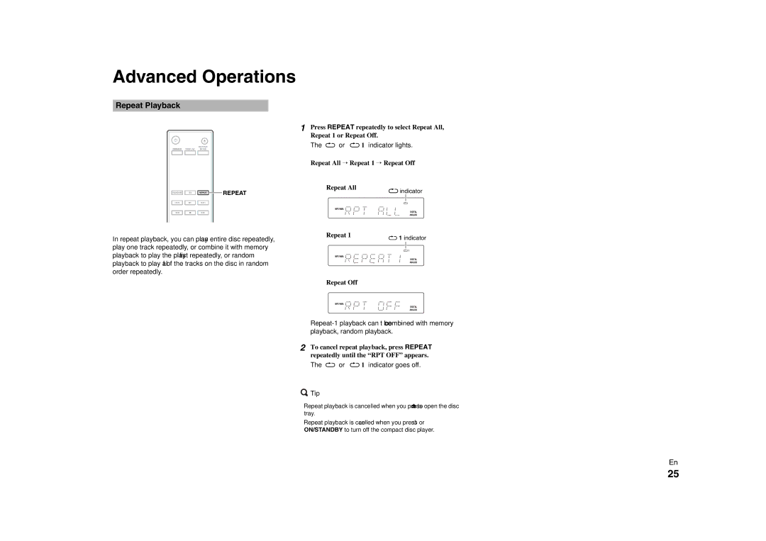 Onkyo C-7000R instruction manual Advanced Operations, Repeat Playback, Repeat All, Repeat Off 