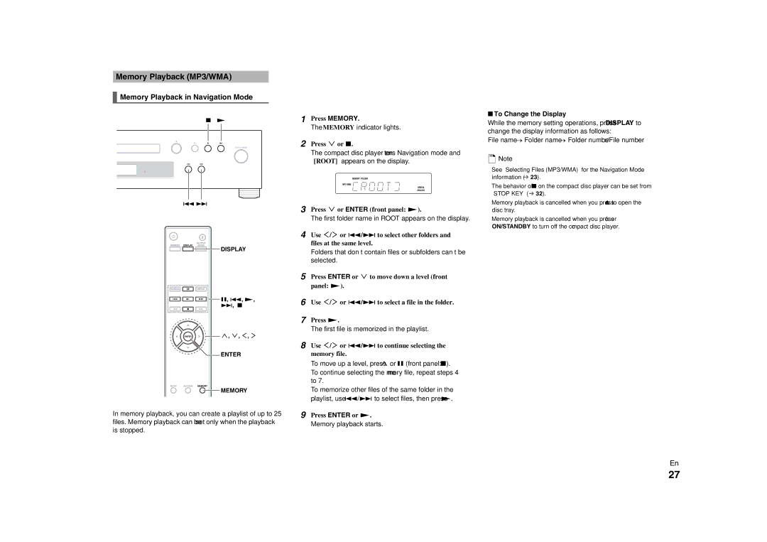 Onkyo C-7000R instruction manual Memory Playback MP3/WMA, Memory Playback in Navigation Mode, Press or 