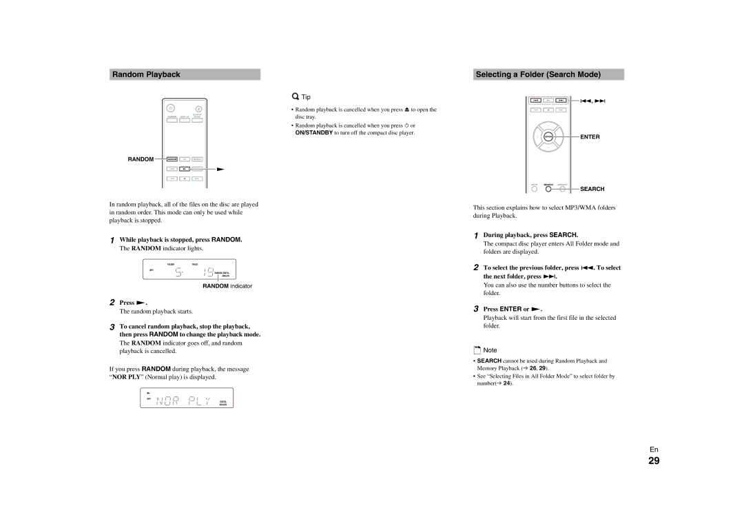 Onkyo C-7000R instruction manual Random Playback, Selecting a Folder Search Mode, Press, During playback, press Search 