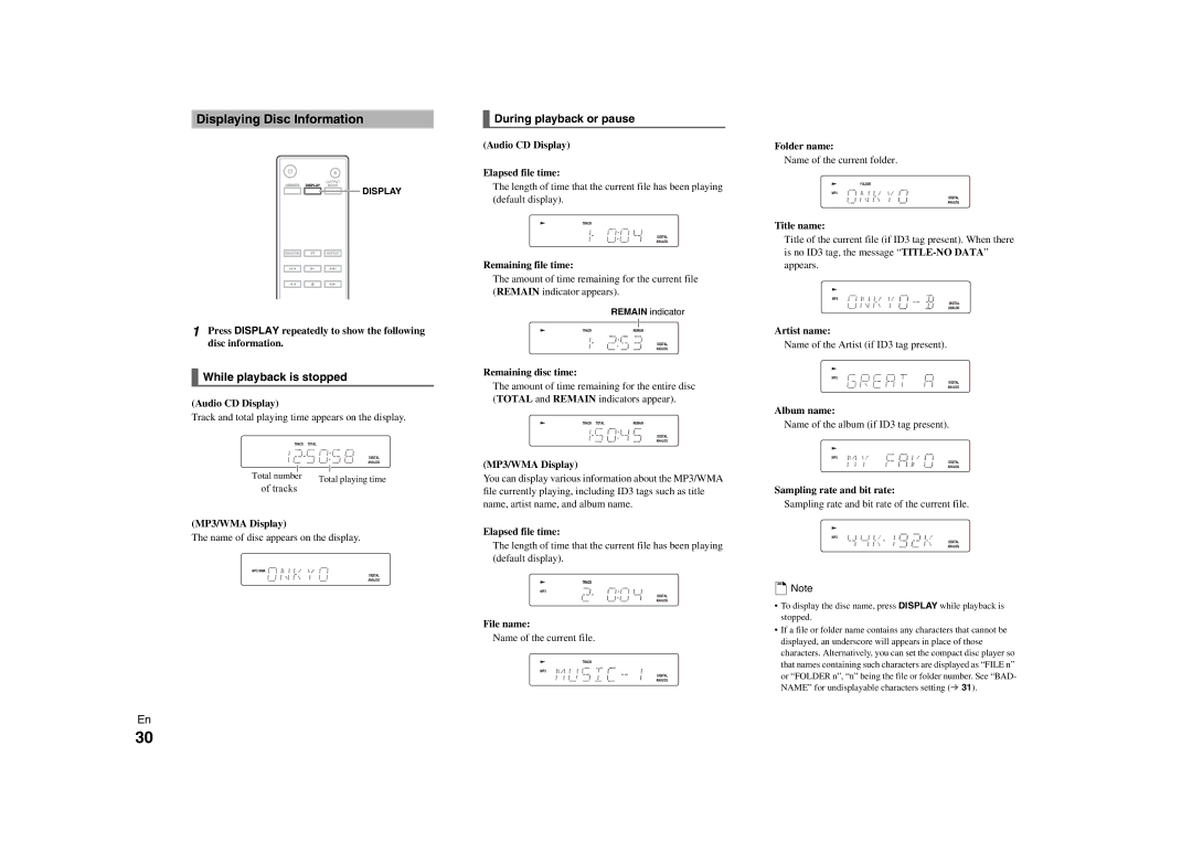 Onkyo C-7000R instruction manual Displaying Disc Information, While playback is stopped, During playback or pause 