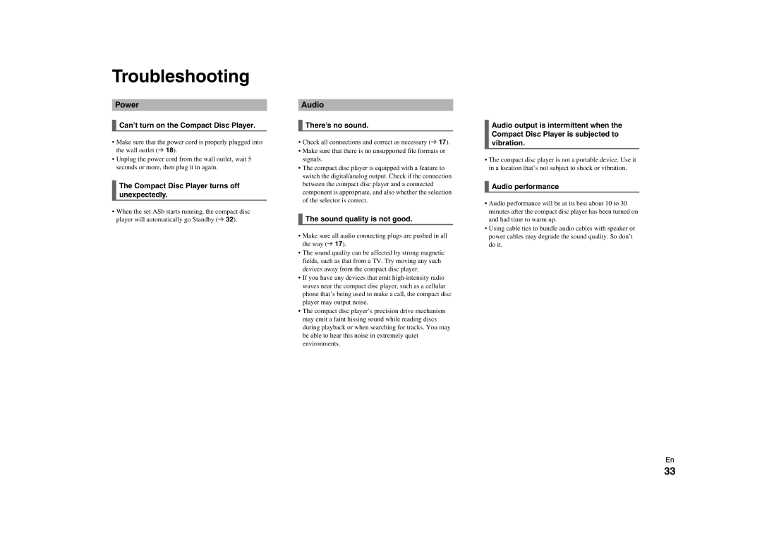 Onkyo C-7000R instruction manual Troubleshooting, Power, Audio 