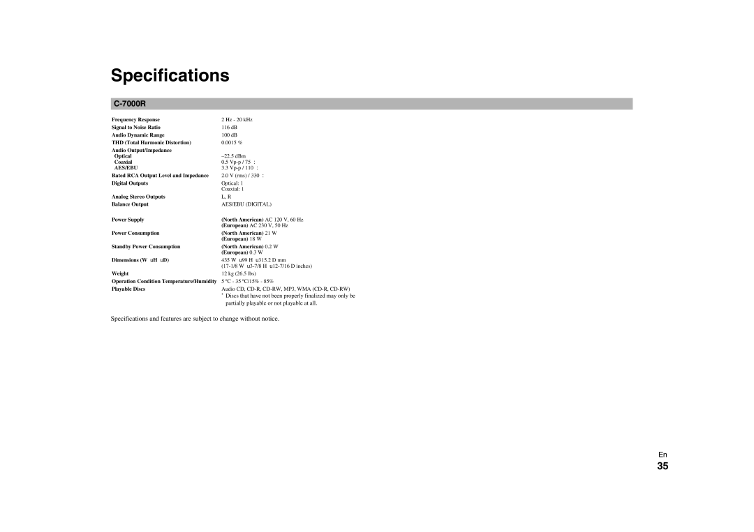 Onkyo C-7000R instruction manual Specifications 