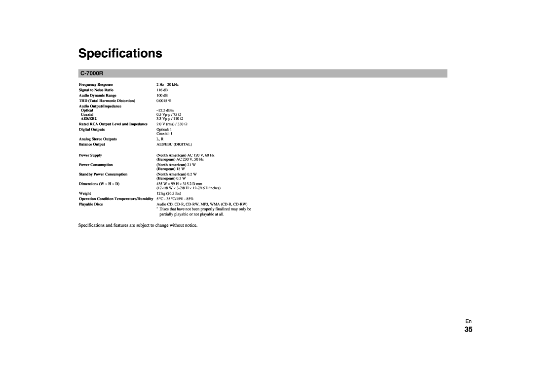 Onkyo C-7000R instruction manual Specifications 