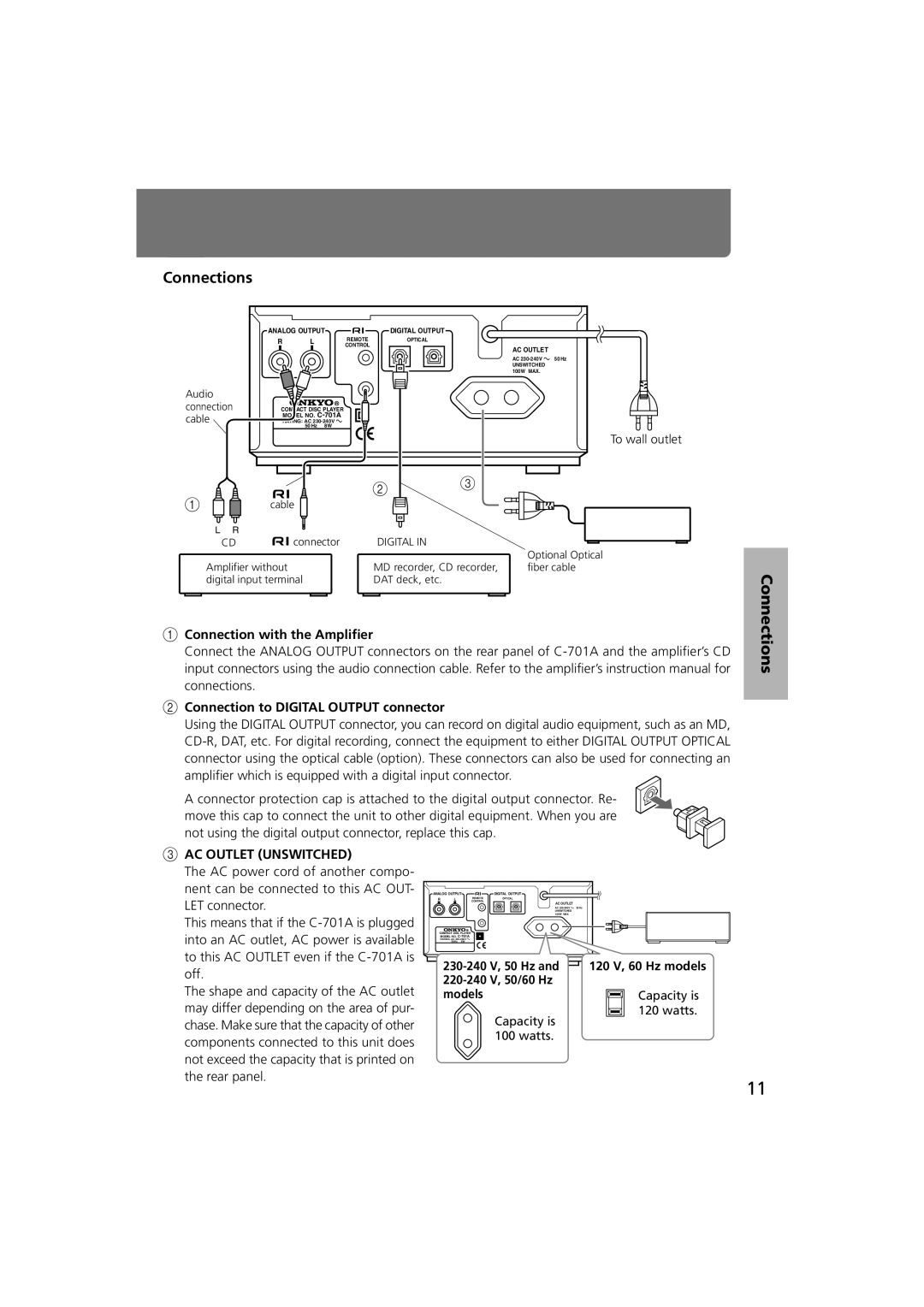 Onkyo C-701A instruction manual 230-240 V, 50 Hz, 220-240 V, 50/60 Hz Models Capacity is Watts 