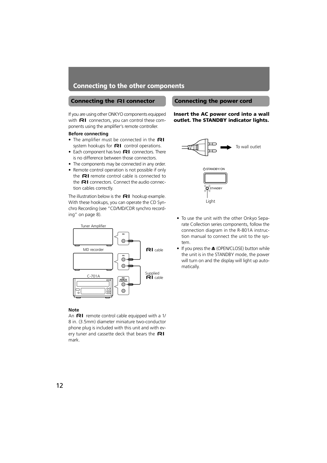 Onkyo C-701A instruction manual Connecting Connector Connecting the power cord, To wall outlet 